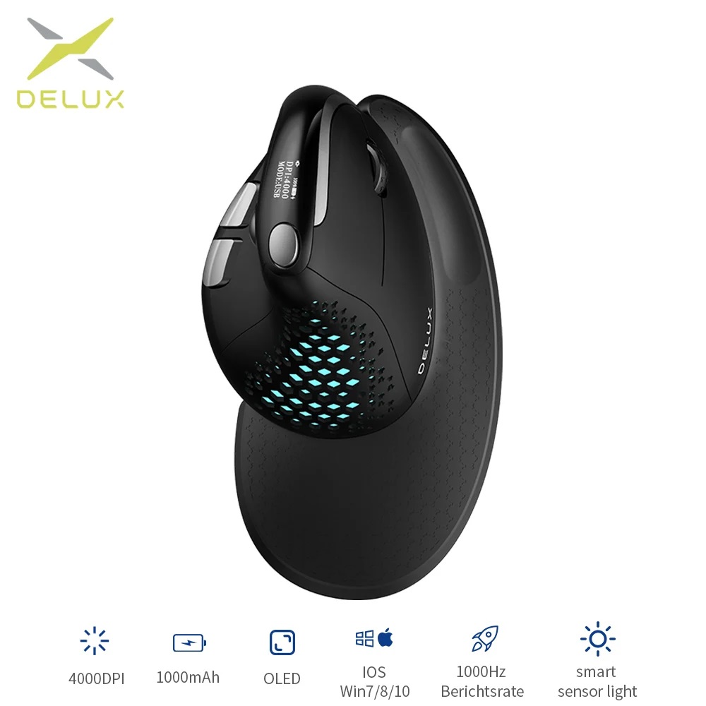 Delux M618XSD Seeker Ergonomic Vertical Mouse with OLED Screen 4000DPI Rechargeable 1000mA
