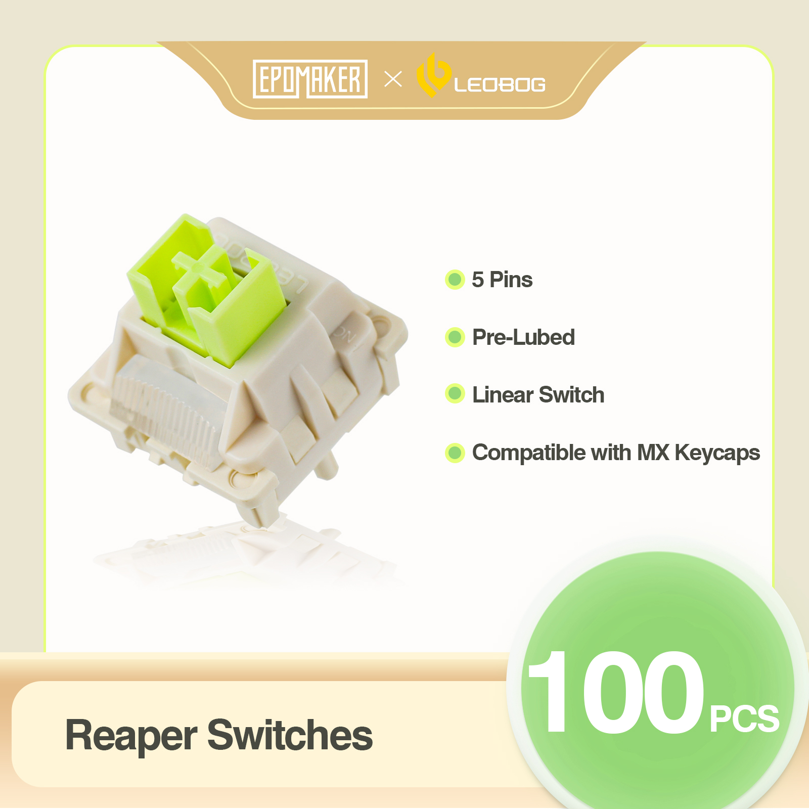 100 Pieces EPOMAKER x LEOBOG Reaper 5-Pin 45gf Linear Switch with POM Stem Compatible with