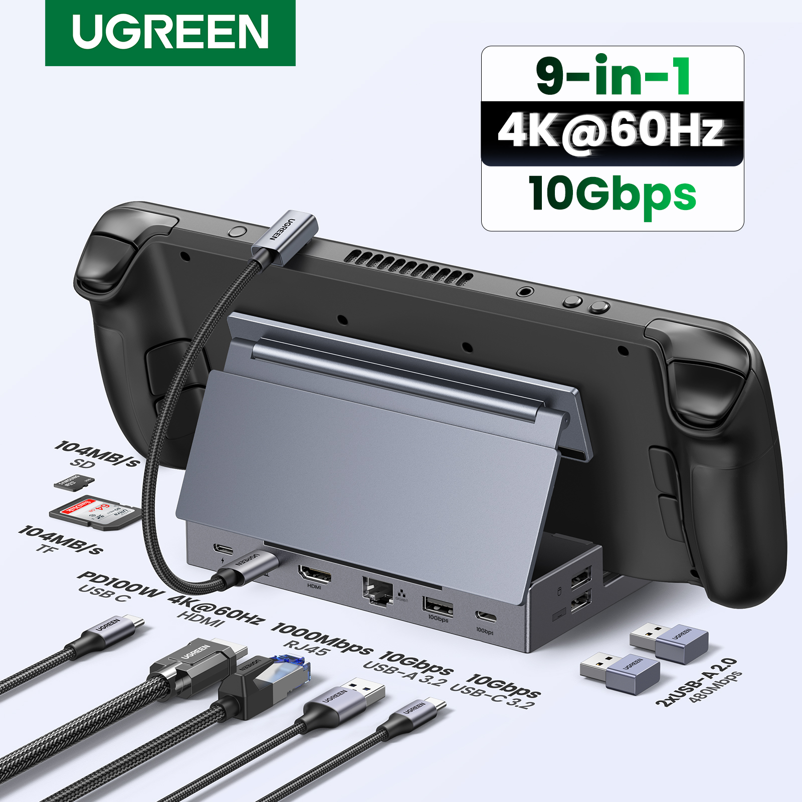 UGREEN Steam Deck Dock 6/9Ports USB C Gaming HUB Foldable Stand 4K HDMI/DisplayPort RJ45 1