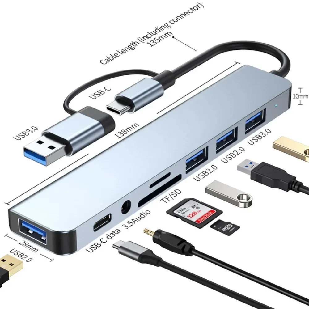8 In 2 USB-C Hub With 3.0 SD/TF Card Reader Multi-Port Adapter For Laptop Tablet And Phone