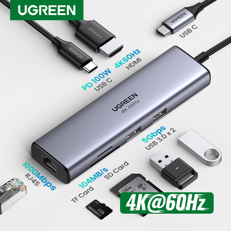 UGREEN USB C HUB 4K60Hz 7-in-1 Type C to HDMI PD100W SD&TF RJ45 USB3.0 5Gbps for MacBook L