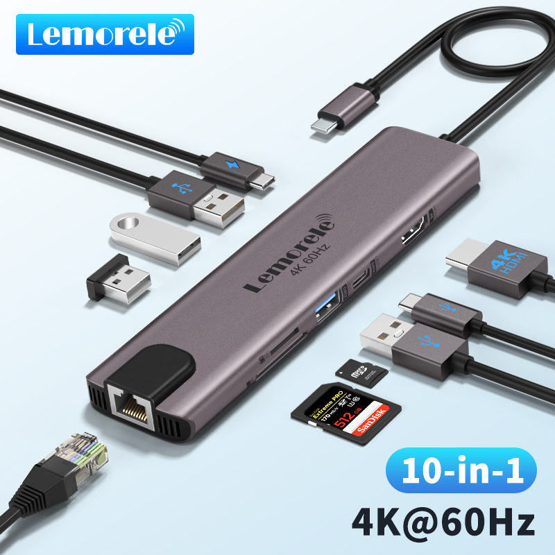 Lemorele 10 in 1 USB C HUB Docking Station Type C Adapter 4K@60Hz HDMI