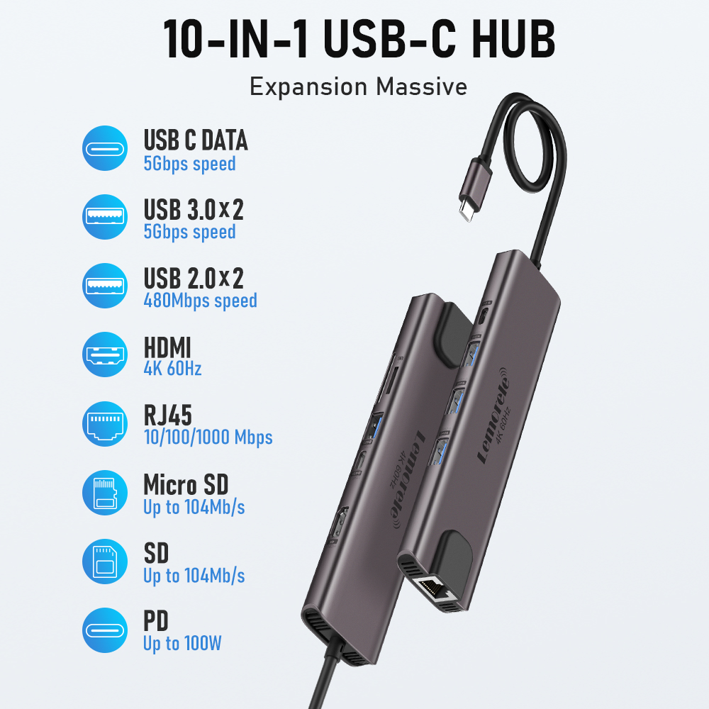 Lemorele 10 in 1 USB C HUB Docking Station Type C Adapter 4K@60Hz HDMI — photo 2