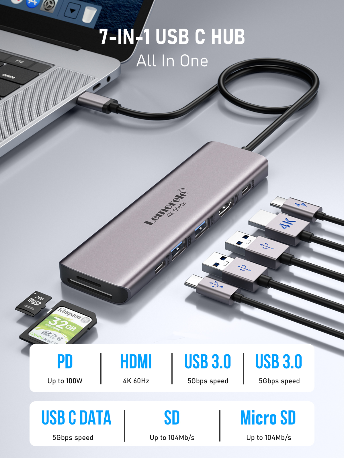 Lemorele 7-in-1 USB HUB Docking Station USB-C Hub HDMI 4K 60Hz USB 3.0 — photo 3