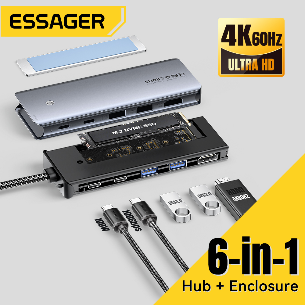 Essager USB C Hub With M.2 SSD Hard Disk Enclosure 6/7 in 1 PD100W USB3.2 10Gbps HDMI USB 