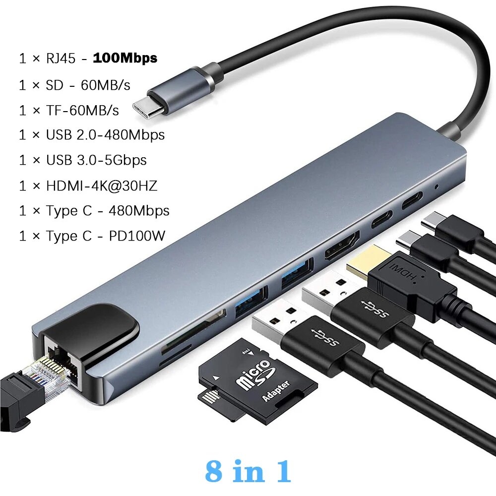 USB 3.0 Type C HUB USB C Docking Station to HDMI 4K 30HZ Type C to RJ4 — photo 5