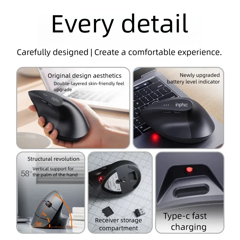 Inphic X9 PRO Vertical Wireless Mouse Type-C Fast Charging Ergonomic S — photo 4