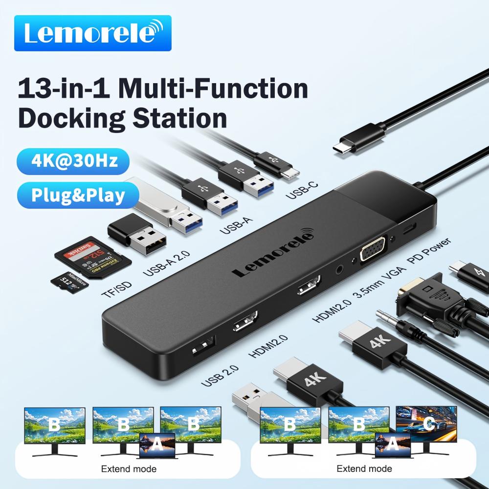 Lemorele USB C HUB 13-in-1 Docking Station 4K 30Hz HDMI USB 3.0 PD 100W RJ45 VGA SD/TF USB