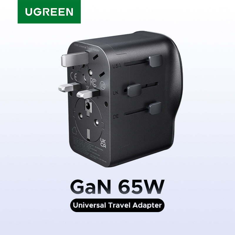 UGREEN 65W Universal Travel Adapter 2 USB-C 1 USB-A AC Socket GaN Charger Certified CE FCC
