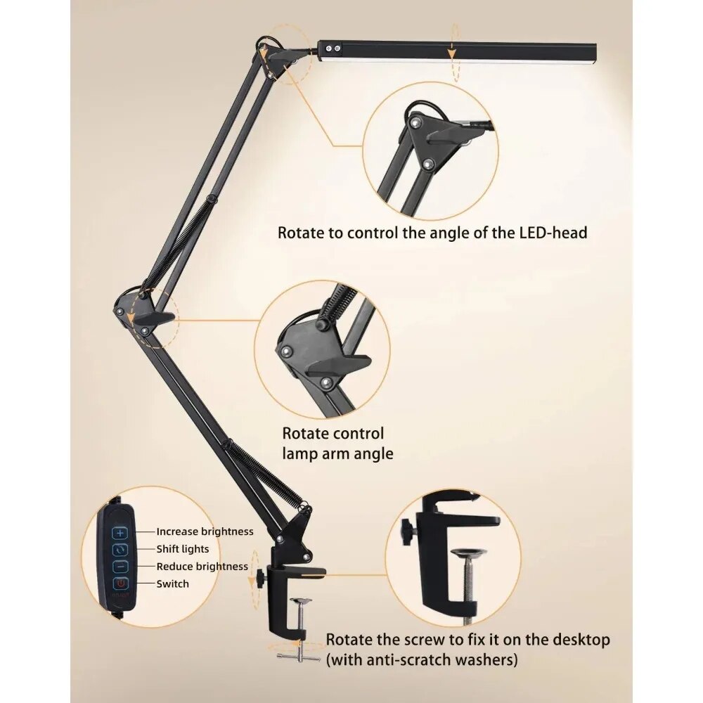 10W LED Desk Lamp with Clamp Swing Arm Eye-Caring Dimmable Desk Light  — photo 3