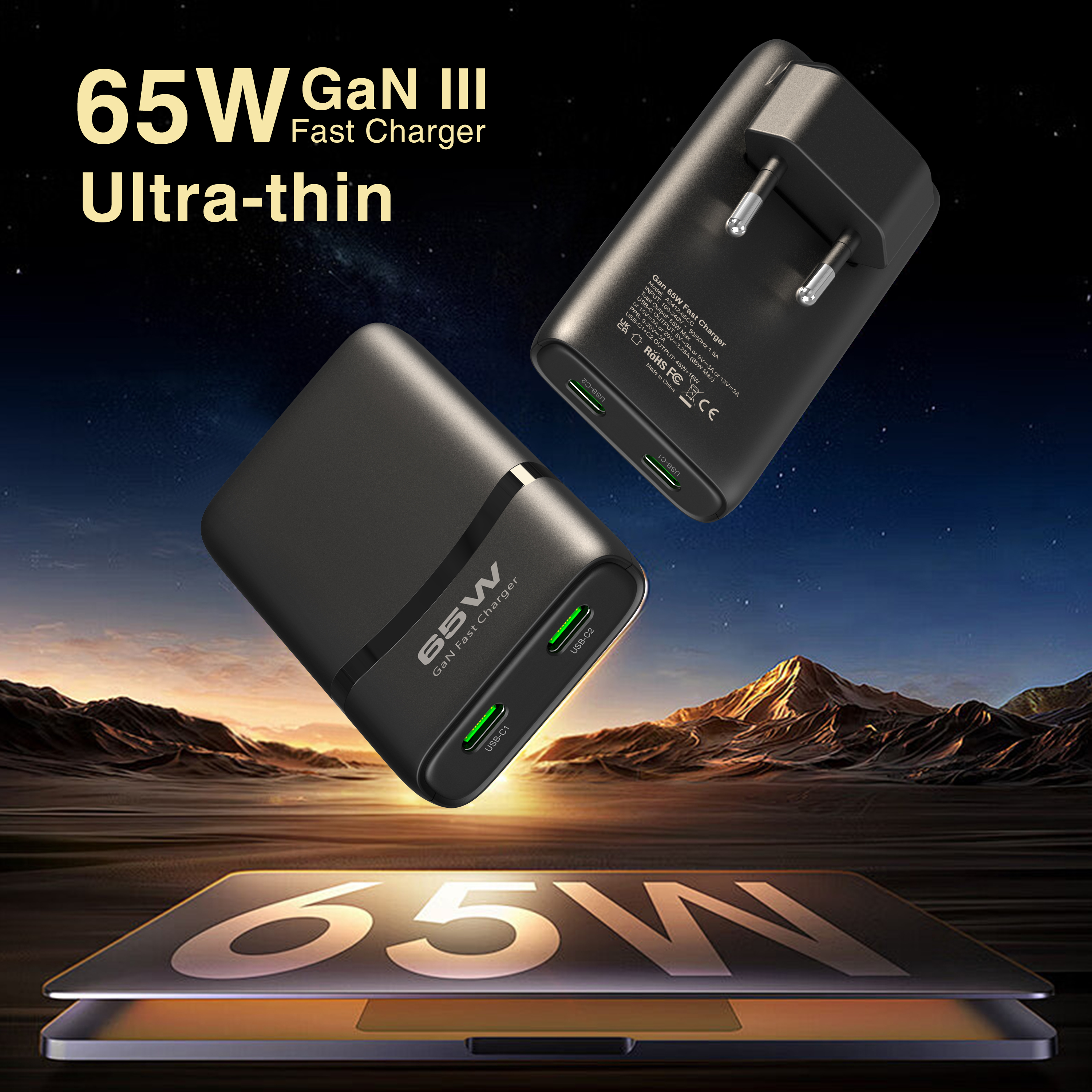 65W Flat GaN USB C Charger Dual-port Fast Wall Charger Compact Power A