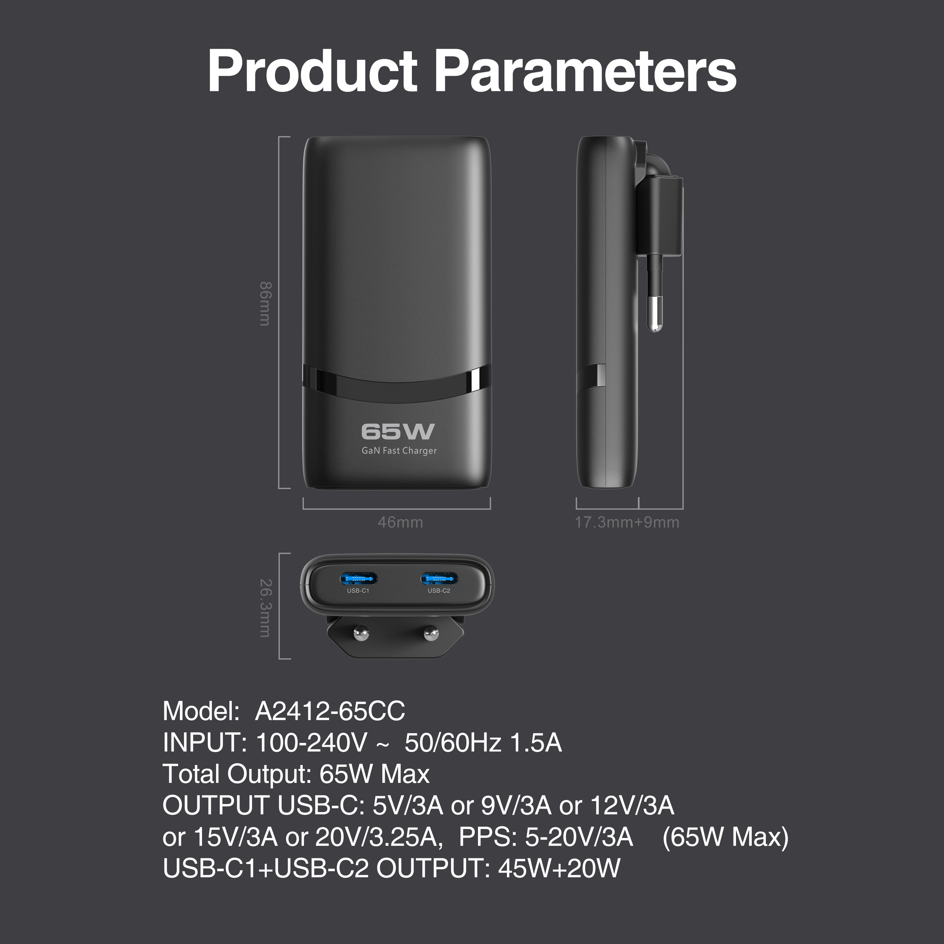 65W Flat GaN USB C Charger Dual-port Fast Wall Charger Compact Power A — photo 6