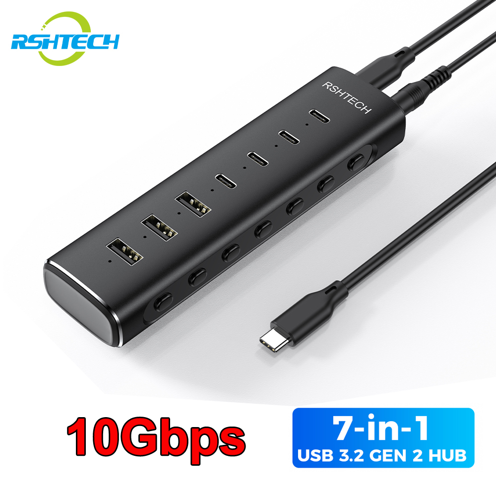 RSHTECH USB 3.2 Hub Splitter 7-IN-1 10Gbps Data Transfer with Individual Touch Switches Do