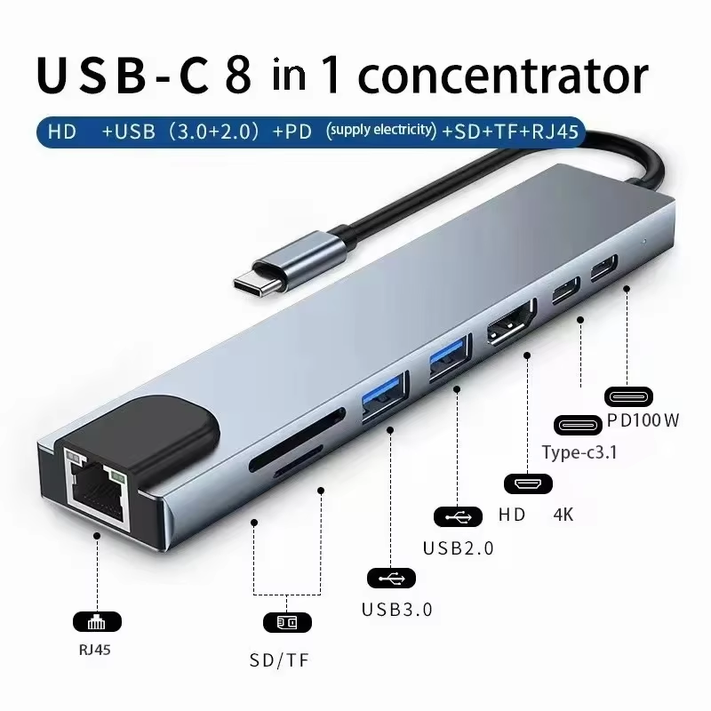 8In1 7In2 7In1 USB C Hub with 4K HDMI RJ45 SD/TF Card Reader PD Fast C