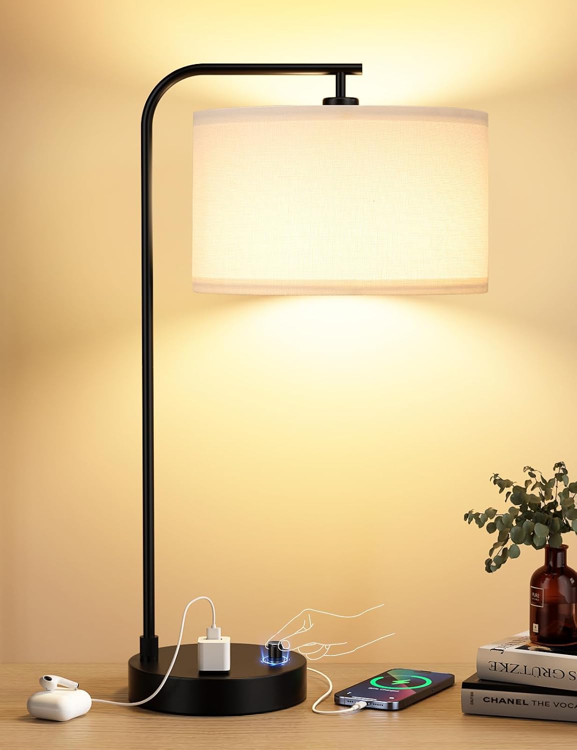 Side Table Lamp with USB Port and Outlet, Dimmable N