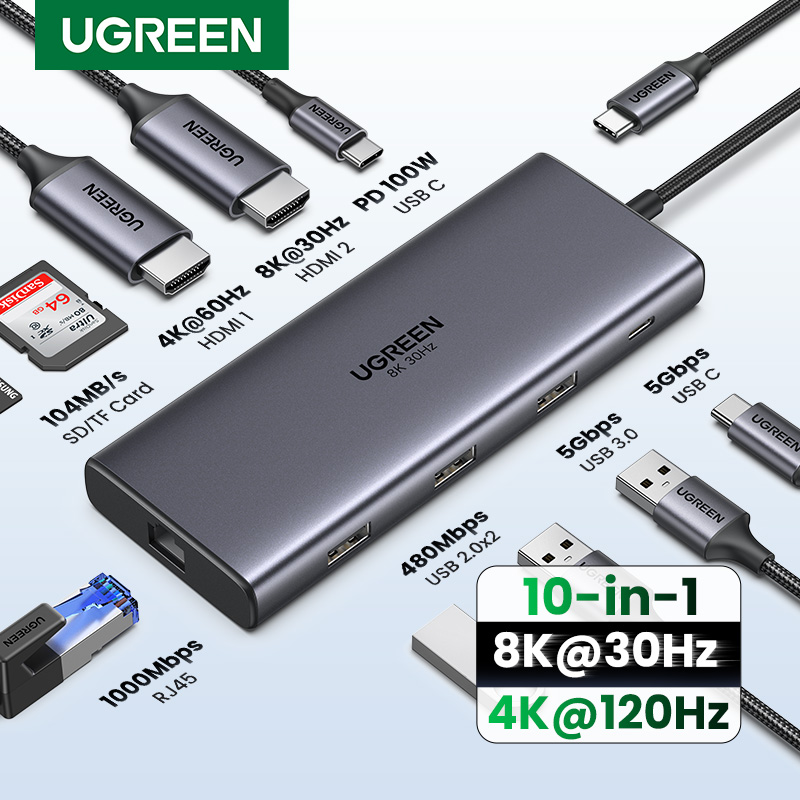 UGREEN Dual HDMI USB-C HUB 8K 4K HDMI Adapter 10 in 1 Splitter with RJ45 USB3.0 PD 100W Do